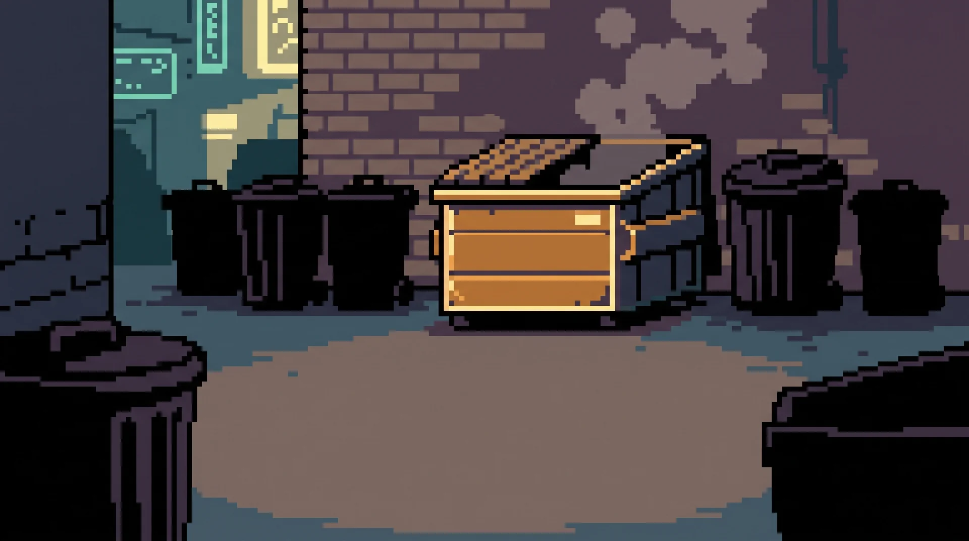 A golden dumpster in TrashBaron’s pixel-art night alley